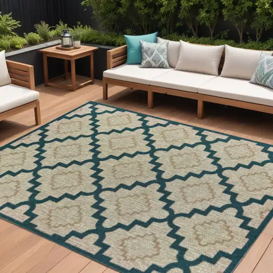 Blue and Gray Geometric Stain Resistant Indoor Outdoor Area Rug Photo 1