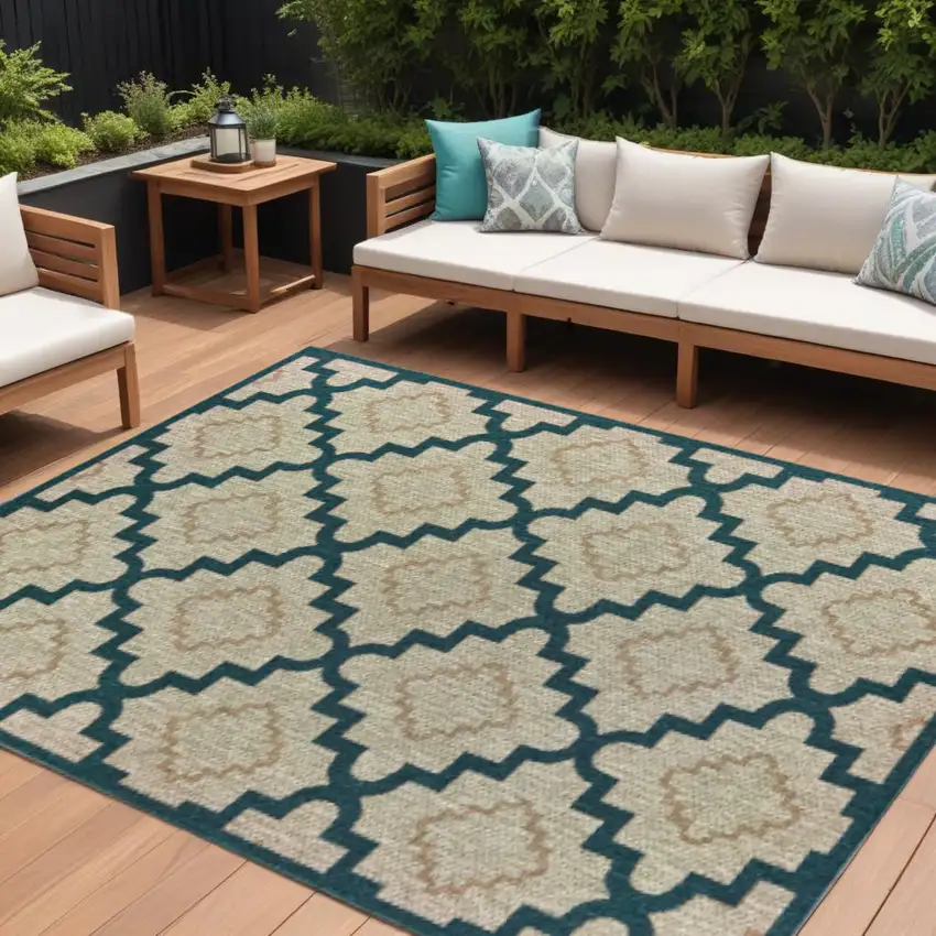 Blue and Gray Geometric Stain Resistant Indoor Outdoor Area Rug Photo 1