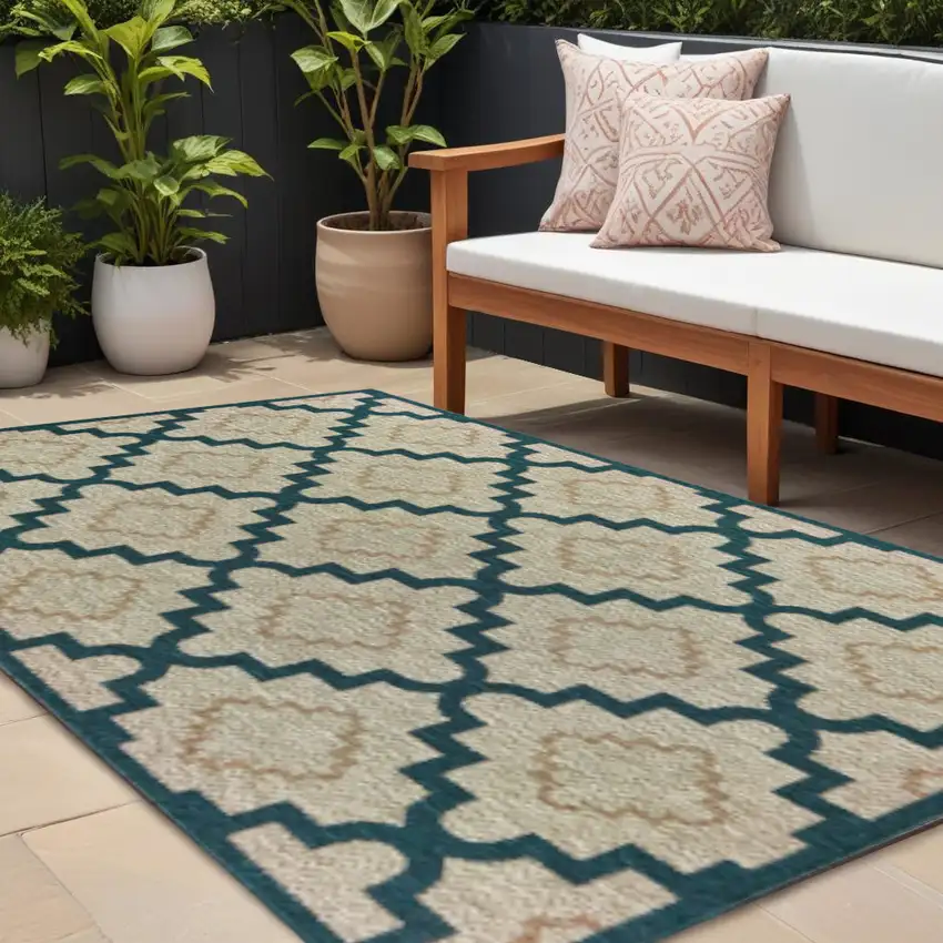 Blue and Gray Geometric Stain Resistant Indoor Outdoor Area Rug Photo 1