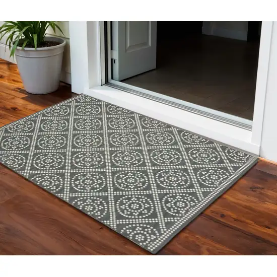Gray and Ivory Geometric Stain Resistant Indoor Outdoor Area Rug Photo 1