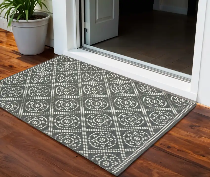 Gray and Ivory Geometric Stain Resistant Indoor Outdoor Area Rug Photo 1