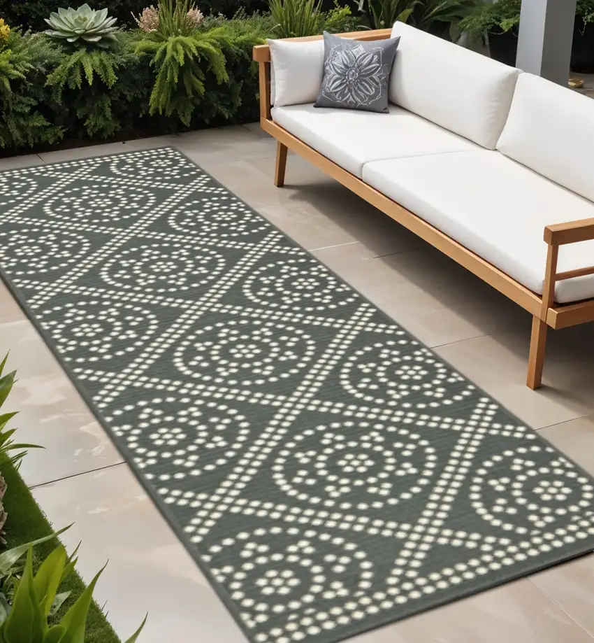 Gray and Ivory Geometric Stain Resistant Indoor Outdoor Area Rug Photo 1
