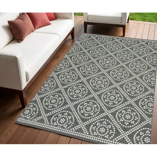 Gray and Ivory Geometric Stain Resistant Indoor Outdoor Area Rug Photo 1