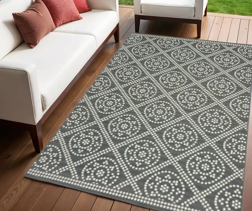 Gray and Ivory Geometric Stain Resistant Indoor Outdoor Area Rug Photo 1