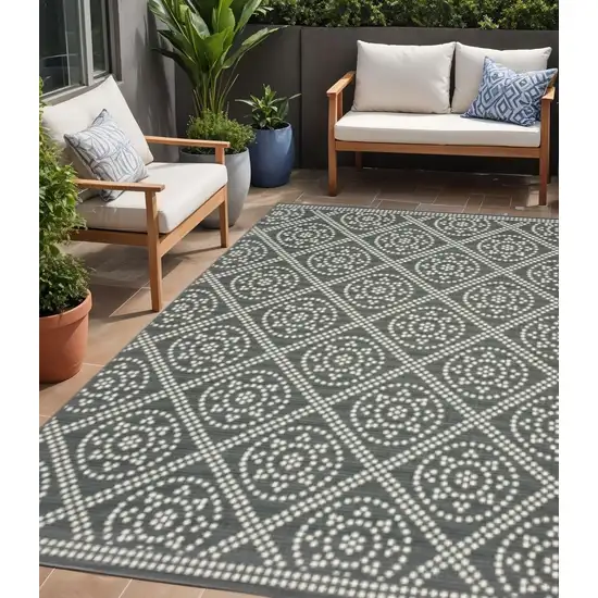 Gray and Ivory Geometric Stain Resistant Indoor Outdoor Area Rug Photo 1