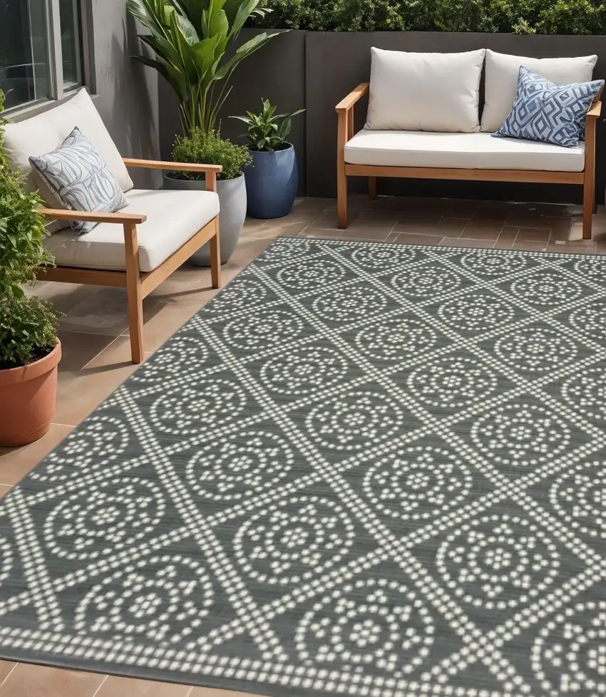 Gray and Ivory Geometric Stain Resistant Indoor Outdoor Area Rug Photo 1