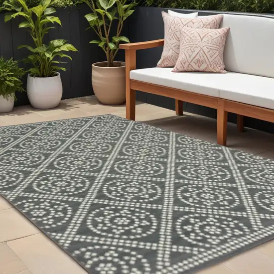 Gray and Ivory Geometric Stain Resistant Indoor Outdoor Area Rug Photo 1