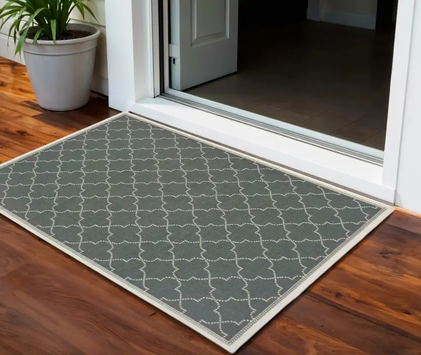 Gray and Ivory Geometric Stain Resistant Indoor Outdoor Area Rug Photo 1