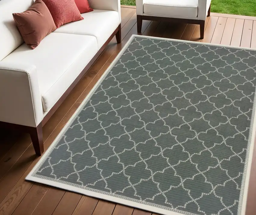 Gray and Ivory Geometric Stain Resistant Indoor Outdoor Area Rug Photo 1