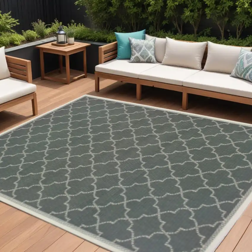 Gray and Ivory Geometric Stain Resistant Indoor Outdoor Area Rug Photo 1