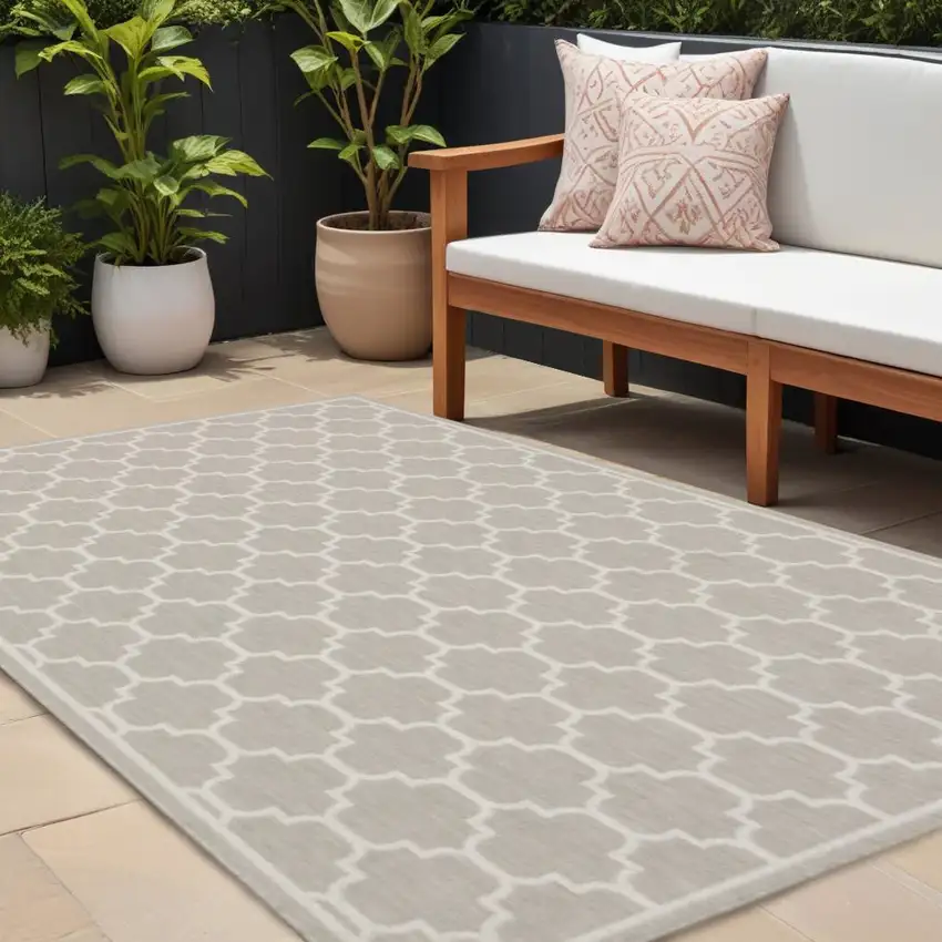 Gray and Ivory Geometric Stain Resistant Indoor Outdoor Area Rug Photo 1