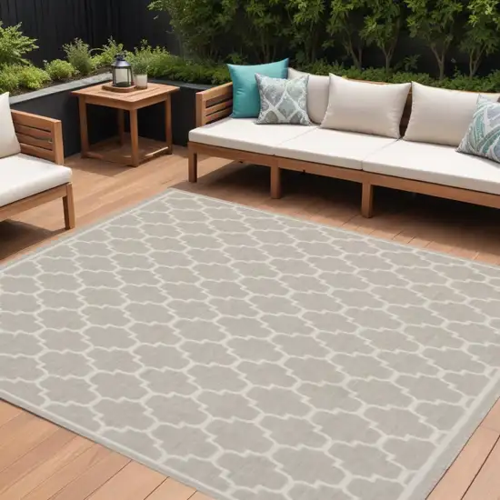 Gray and Ivory Geometric Stain Resistant Indoor Outdoor Area Rug Photo 1