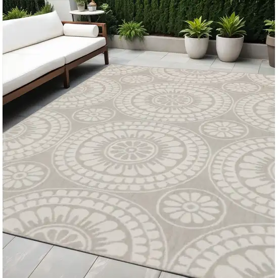 Gray and Ivory Geometric Stain Resistant Indoor Outdoor Area Rug Photo 1