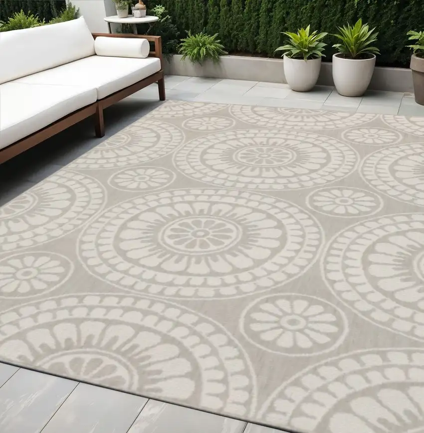 Gray and Ivory Geometric Stain Resistant Indoor Outdoor Area Rug Photo 1