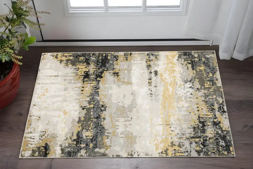 Grey Gold Beige Black And Brown Abstract Power Loom Stain Resistant Area Rug Photo 1