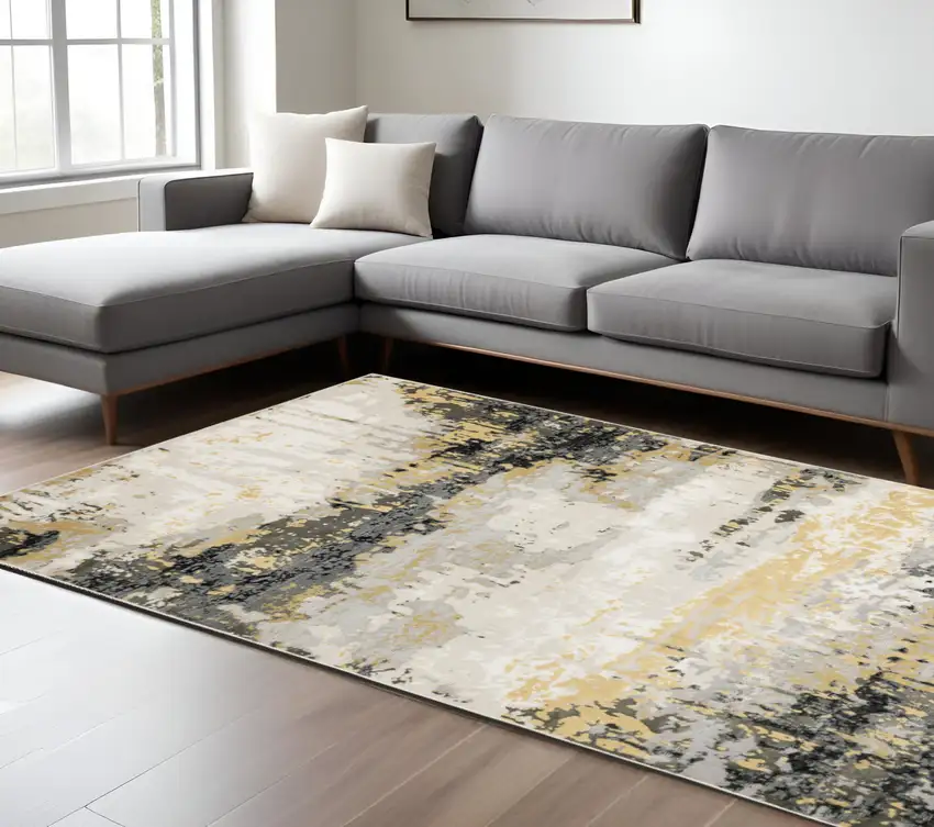 Grey Gold Beige Black And Brown Abstract Power Loom Stain Resistant Area Rug Photo 1