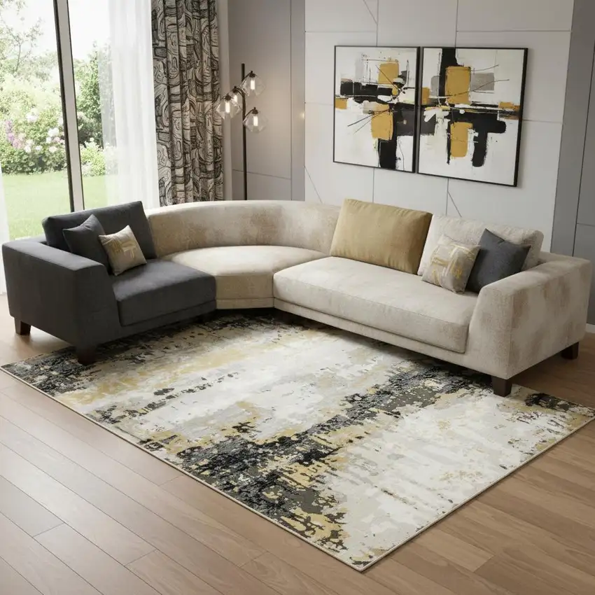 Grey Gold Beige Black And Brown Abstract Power Loom Stain Resistant Area Rug Photo 1