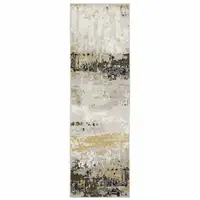 Photo of Grey Gold Beige Black And Brown Abstract Power Loom Stain Resistant Runner Rug
