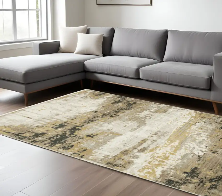Gray and Black Abstract Power Loom Area Rug With Fringe Photo 1