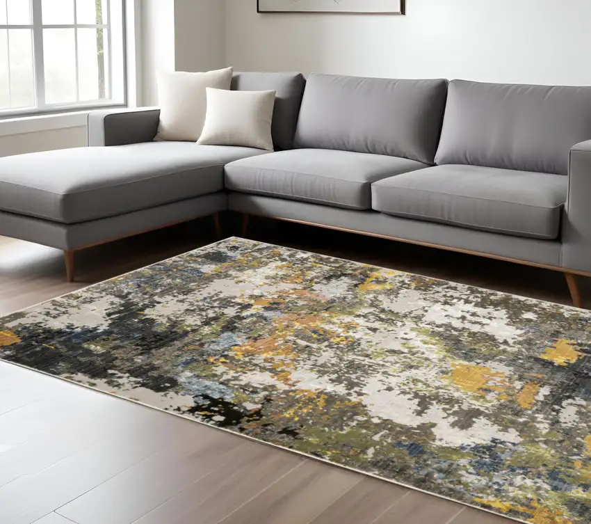 Grey Gold Blue Orange Beige And Brown Abstract Power Loom Stain Resistant Area Rug Photo 1