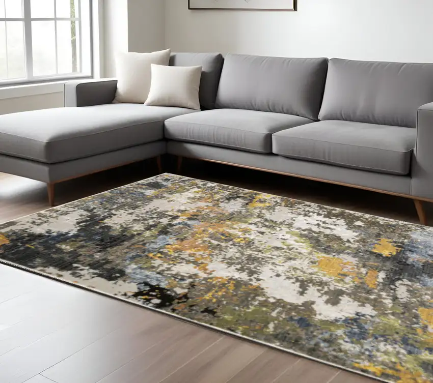 Grey Gold Blue Orange Beige And Brown Abstract Power Loom Stain Resistant Area Rug Photo 1