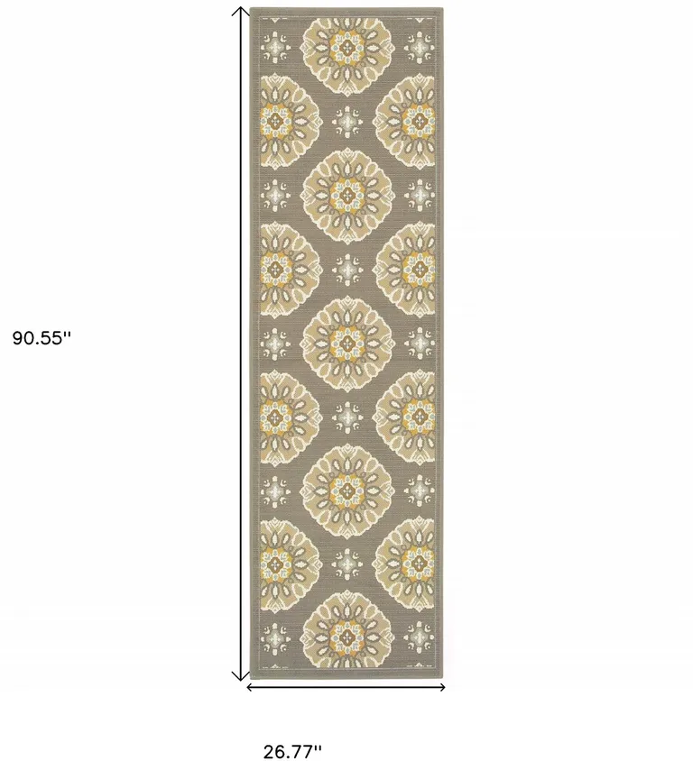 Grey Gold Floral Medallion Discs Indoor Outdoor Area Rug Runner Rug Photo 5