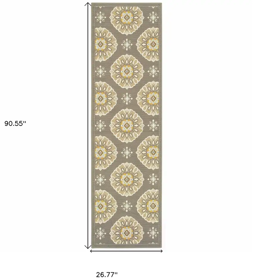 Grey Gold Floral Medallion Discs Indoor Outdoor Area Rug Runner Rug Photo 5