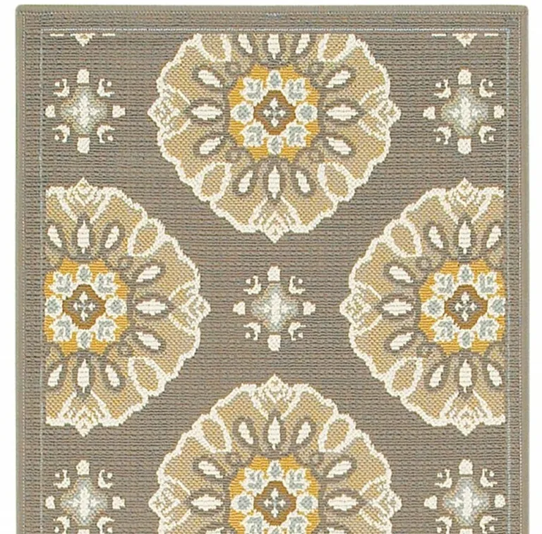 Grey Gold Floral Medallion Discs Indoor Outdoor Area Rug Runner Rug Photo 4
