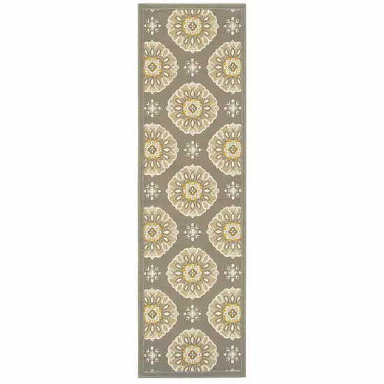 Grey Gold Floral Medallion Discs Indoor Outdoor Area Rug Runner Rug Photo 1