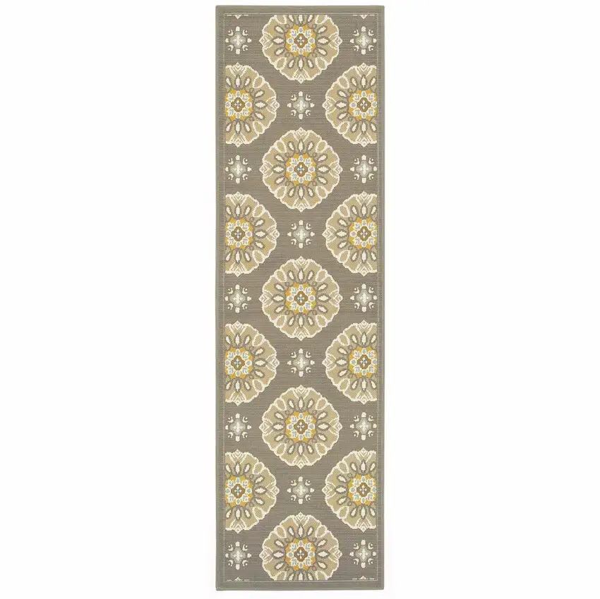 Grey Gold Floral Medallion Discs Indoor Outdoor Area Rug Runner Rug Photo 1