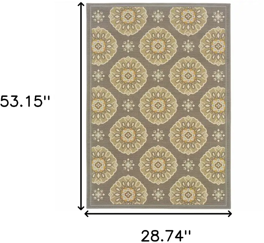 Grey Gold Floral Medallion Discs Indoor Outdoor Area Rug Photo 5