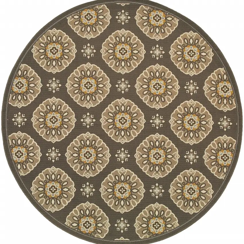 Grey Gold Floral Medallion Discs Indoor Outdoor Area Rug Photo 1