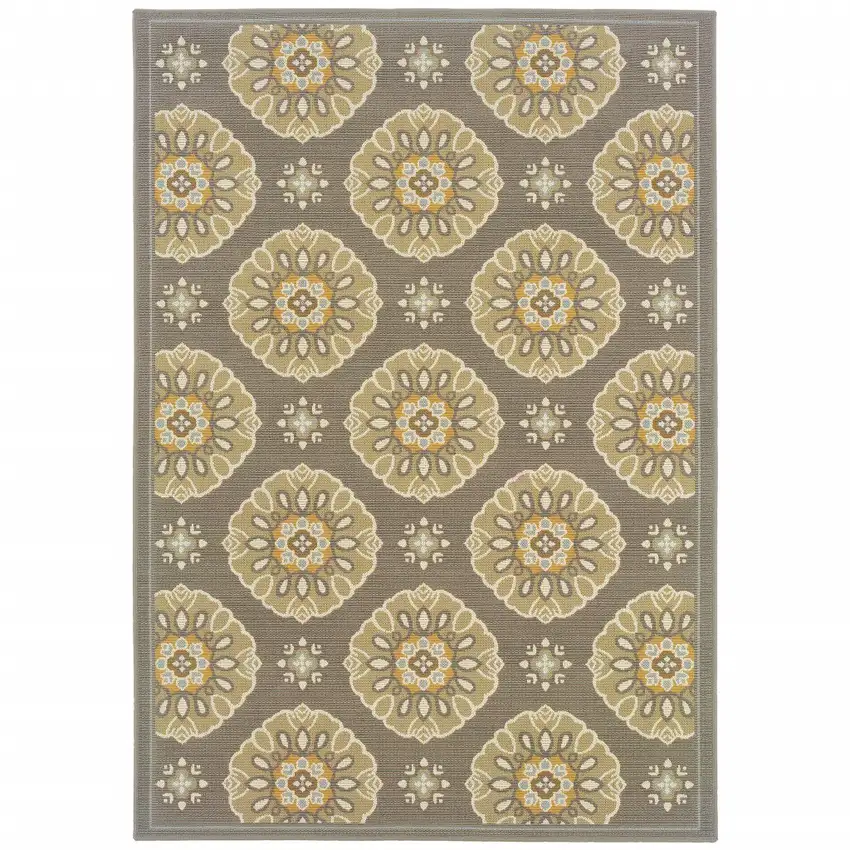 Grey Gold Floral Medallion Discs Indoor Outdoor Area Rug Photo 1