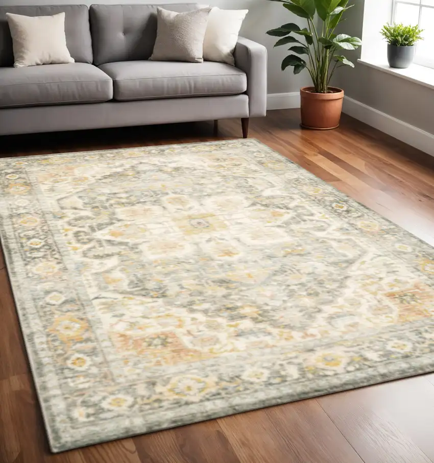 Grey Gold Orange And Ivory Oriental Power Loom Stain Resistant Area Rug Photo 1