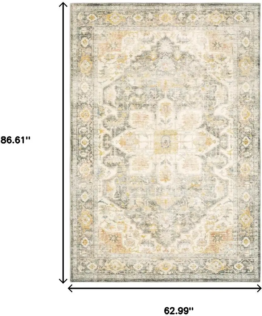 Grey Gold Orange And Ivory Oriental Power Loom Stain Resistant Area Rug Photo 3