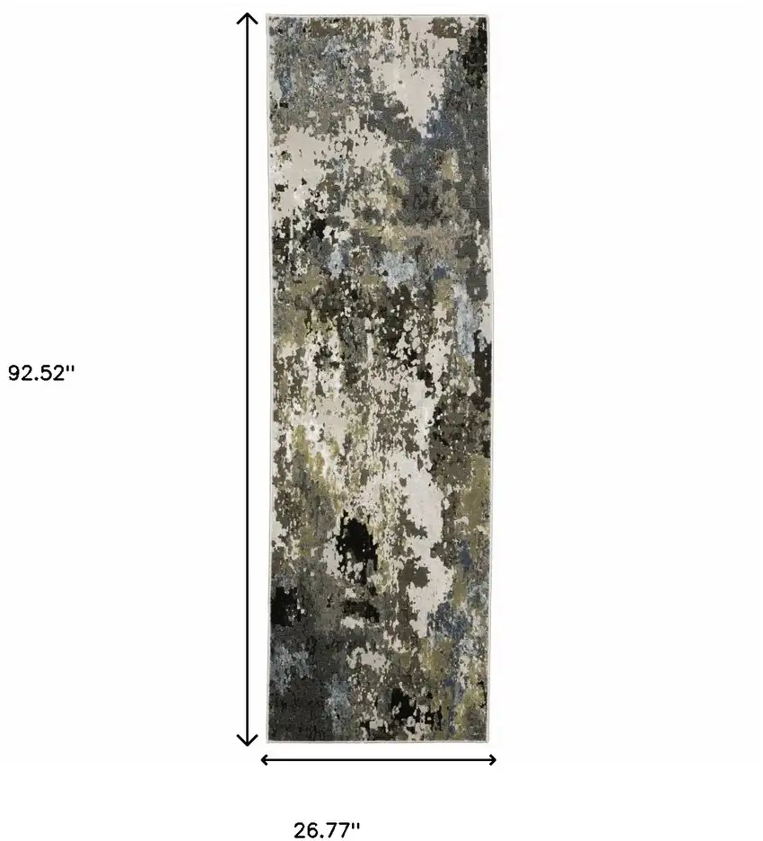 Grey Green Gold Blue And Beige Abstract Power Loom Stain Resistant Runner Rug Photo 10
