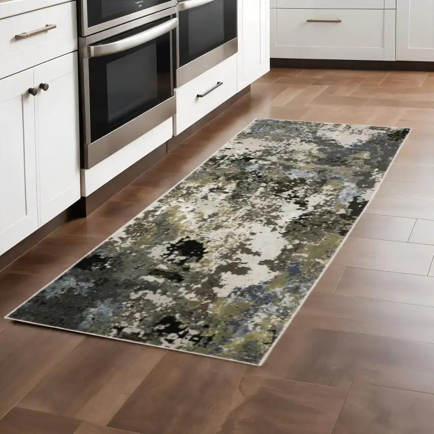 2' X 8' Grey Green Gold Blue And Beige Abstract Power Loom Stain Resistant Runner Rug Photo 1