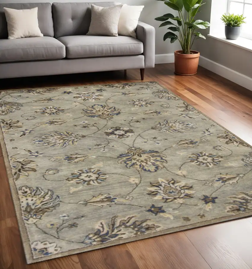 Gray Ivory And Brown Wool Floral Hand Tufted Area Rug Photo 1