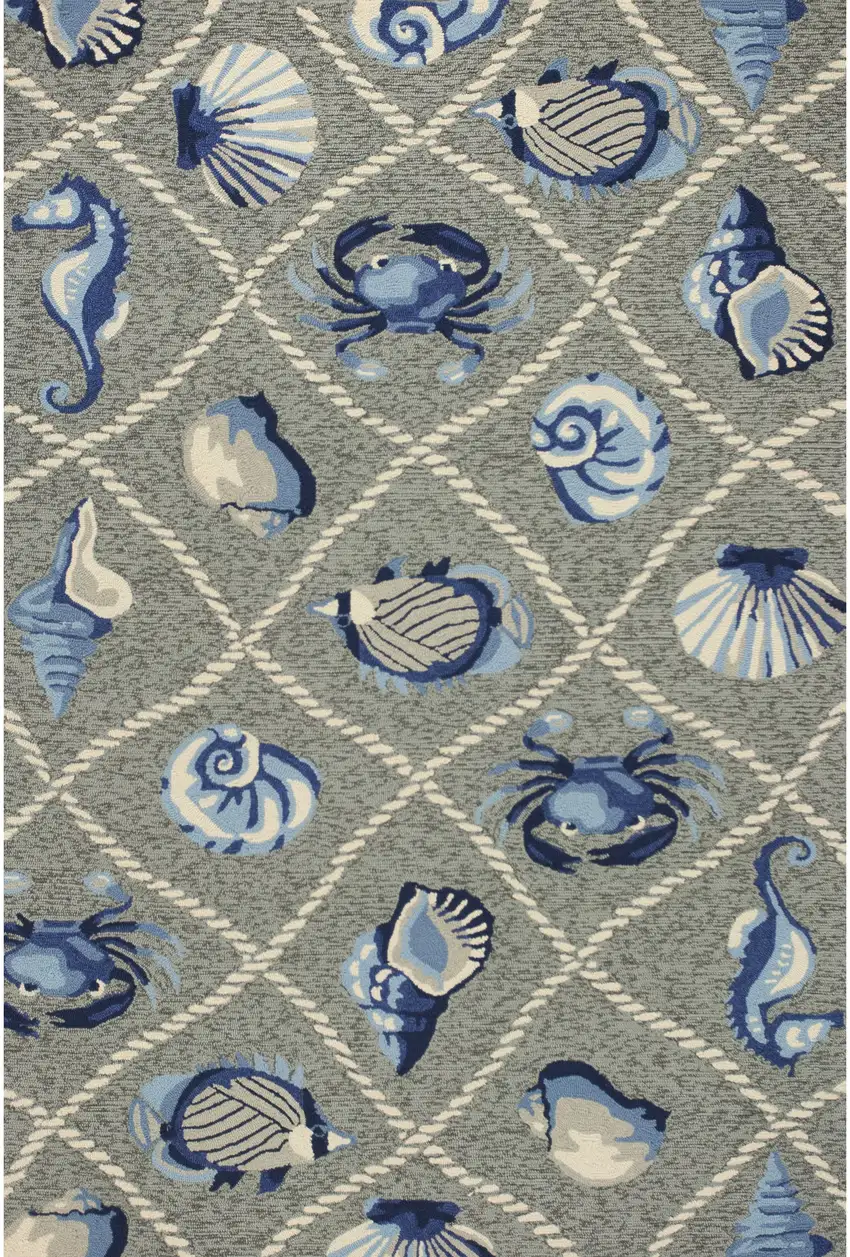 2'X3' Grey Hand Hooked Uv Treated Coastal Sea Life Indoor Outdoor Accent Rug Photo 1