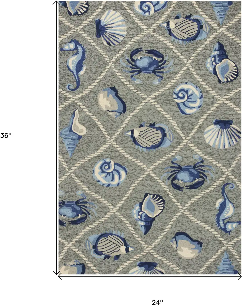 2'X3' Grey Hand Hooked Uv Treated Coastal Sea Life Indoor Outdoor Accent Rug Photo 9