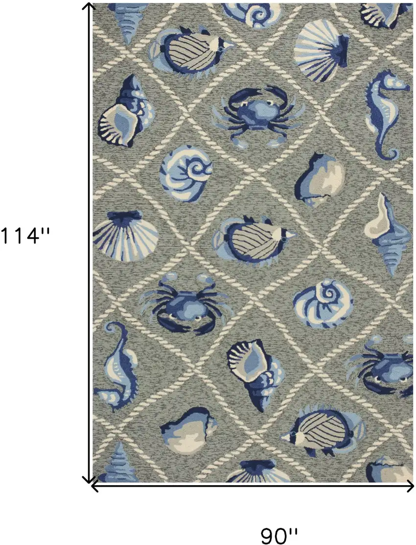 8'X10' Grey Hand Hooked Uv Treated Coastal Sea Life Indoor Outdoor Area Rug Photo 3