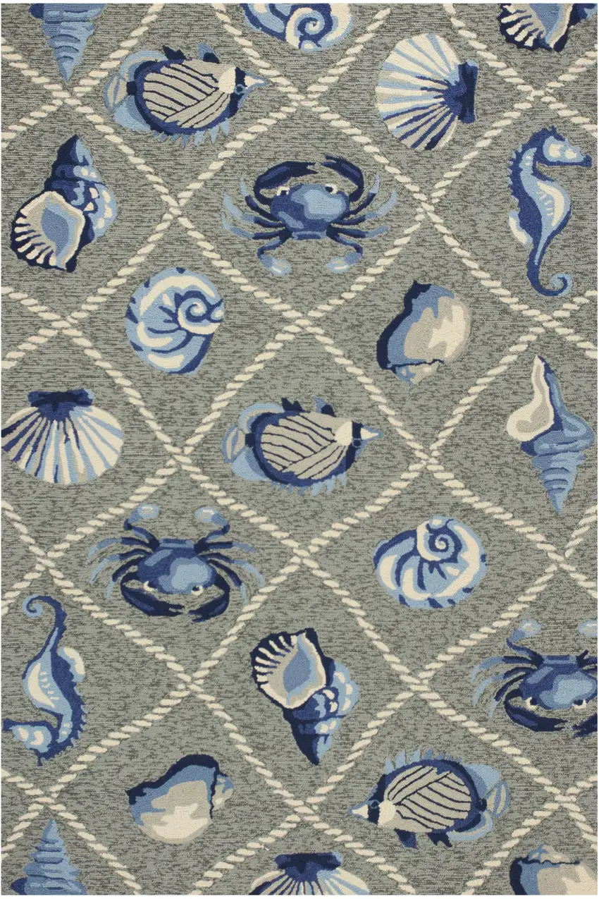 8'X10' Grey Hand Hooked Uv Treated Coastal Sea Life Indoor Outdoor Area Rug Photo 1