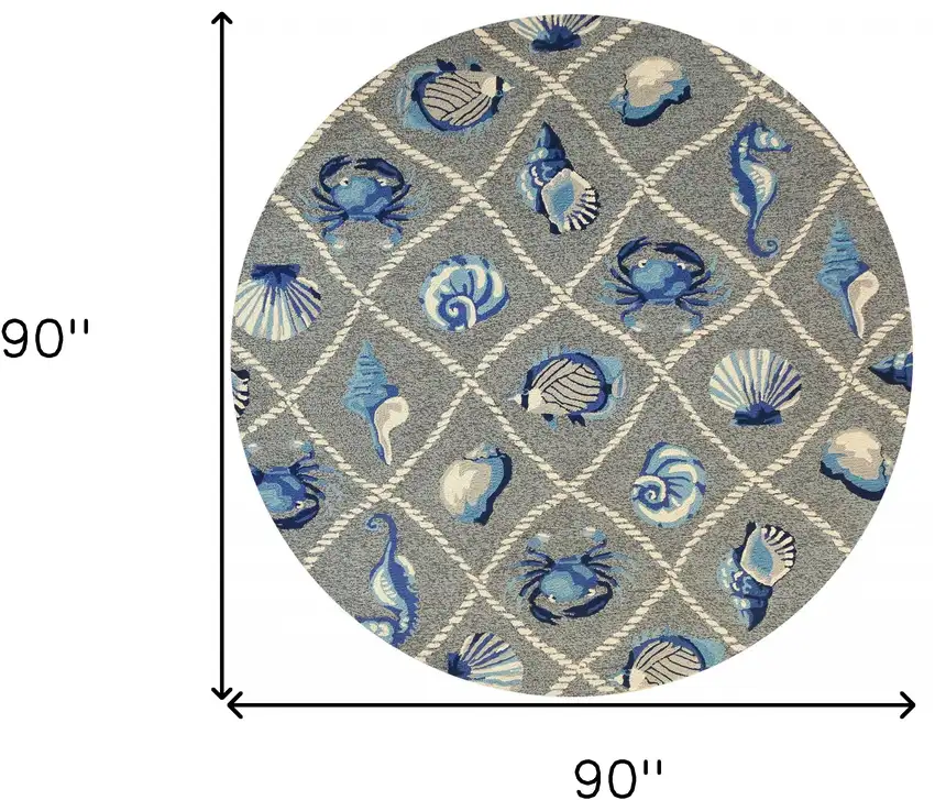 8' Grey Hand Hooked Uv Treated Coastal Sea Life Round Indoor Outdoor Area Rug Photo 6