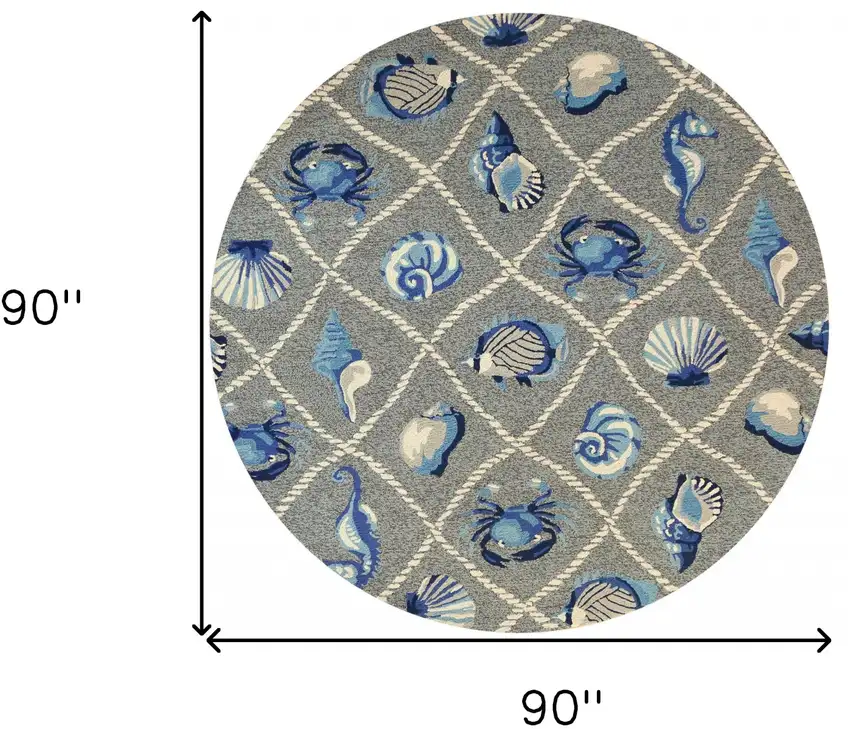 8' Grey Hand Hooked Uv Treated Coastal Sea Life Round Indoor Outdoor Area Rug Photo 6