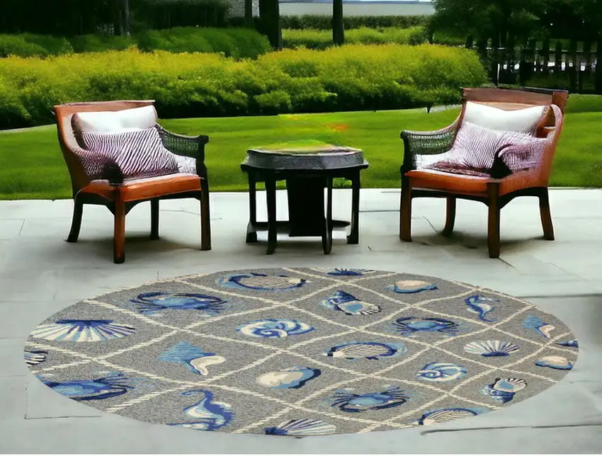 8' Grey Hand Hooked Uv Treated Coastal Sea Life Round Indoor Outdoor Area Rug Photo 2
