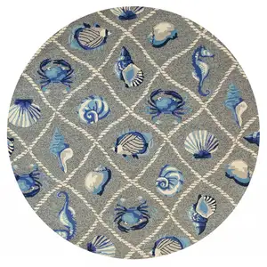 Photo of Grey Hand Hooked UV Treated Coastal Sea Life Round Indoor Outdoor Area Rug