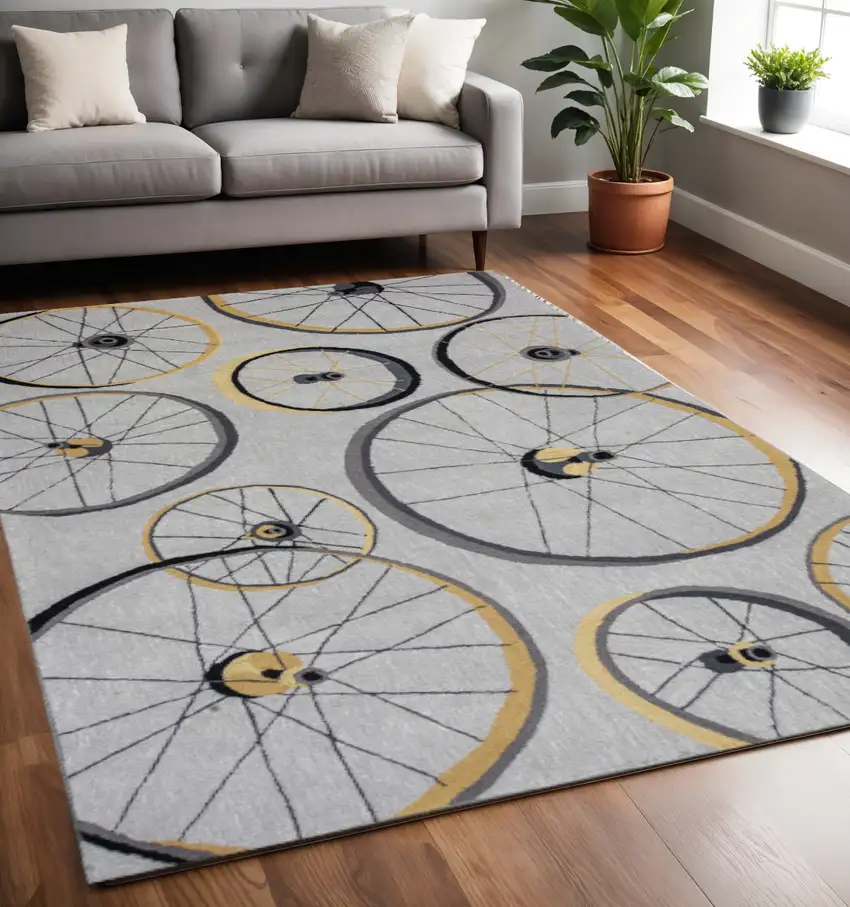 Gray Black And Yellow Abstract Geometric Hand Hooked Area Rug Photo 1