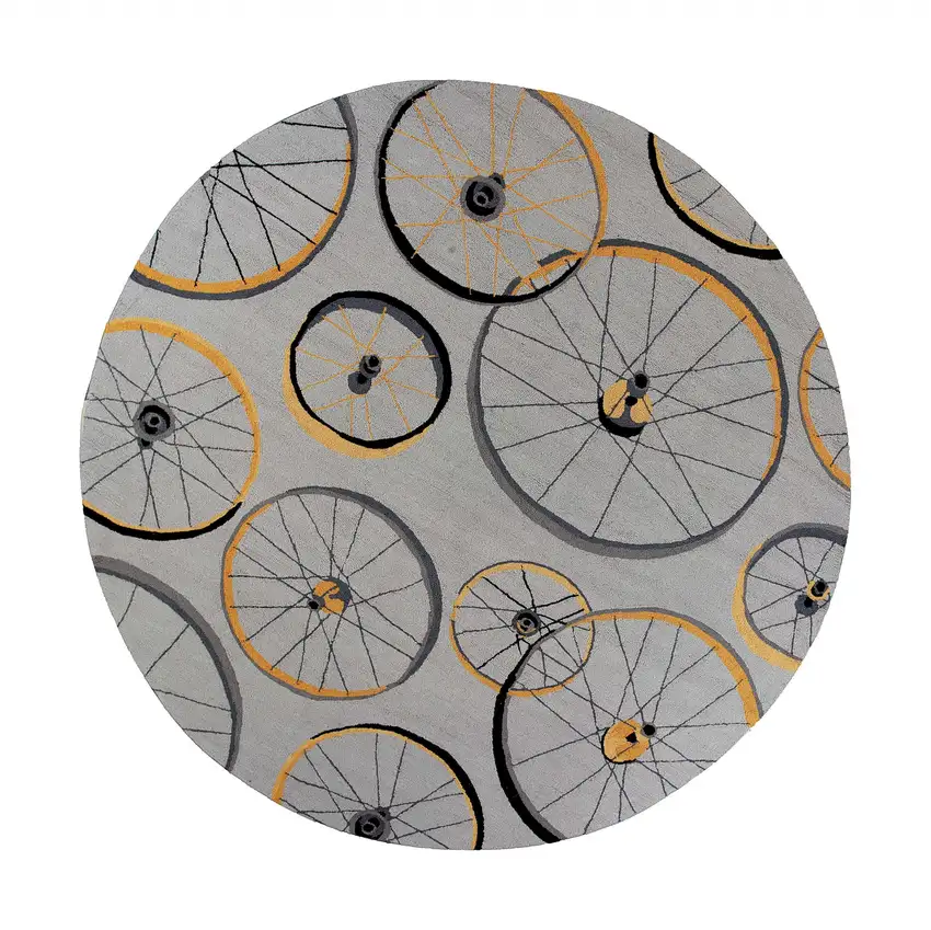 Grey Hand Hooked Wheels Round Indoor Area Rug Photo 1