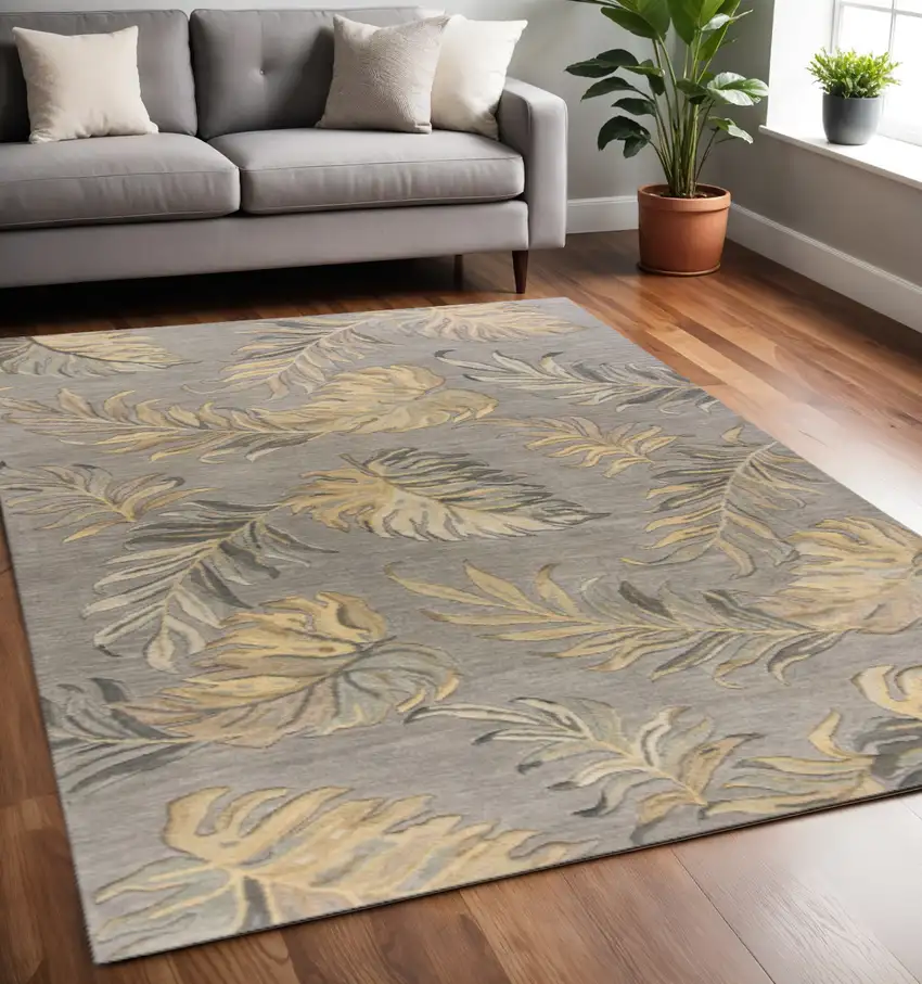 Gray And Taupe Wool Botanical Leaves Hand Tufted Area Rug Photo 1