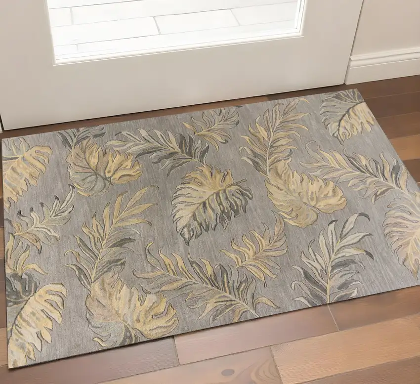 Gray And Taupe Wool Botanical Leaves Hand Tufted Area Rug Photo 1
